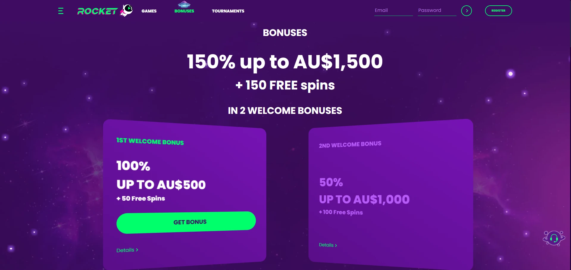 Rocket Casino welcome offer on the bonus page