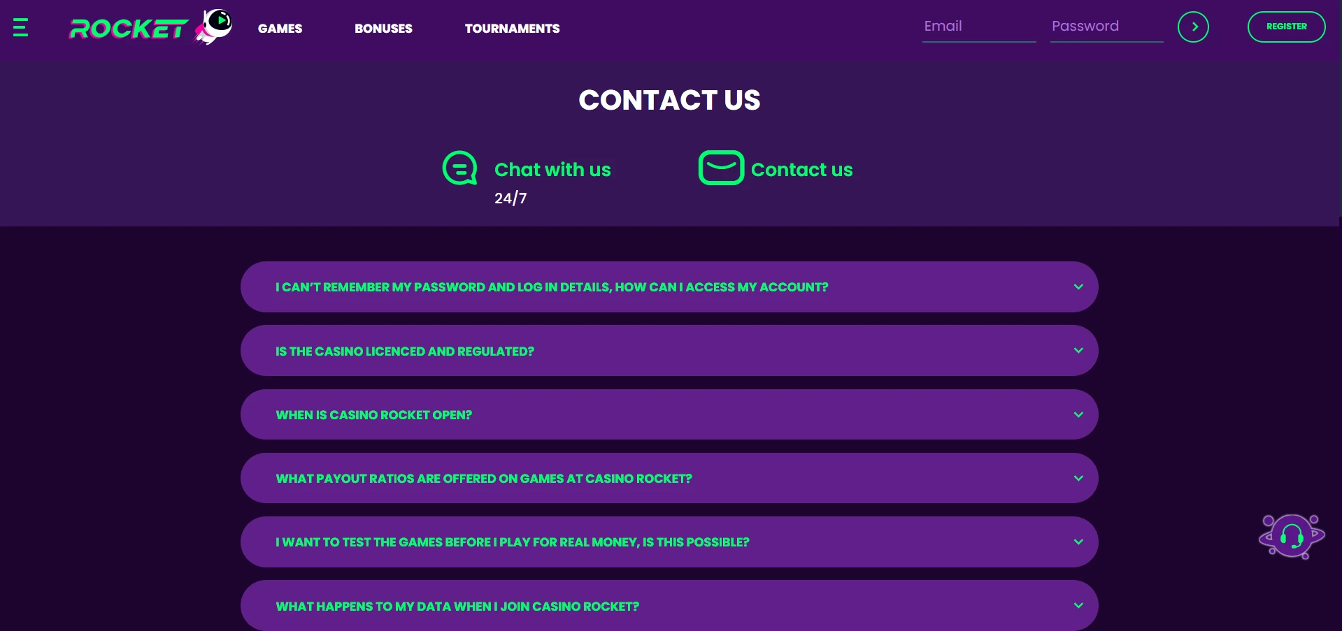 Rocket Casino live chat window