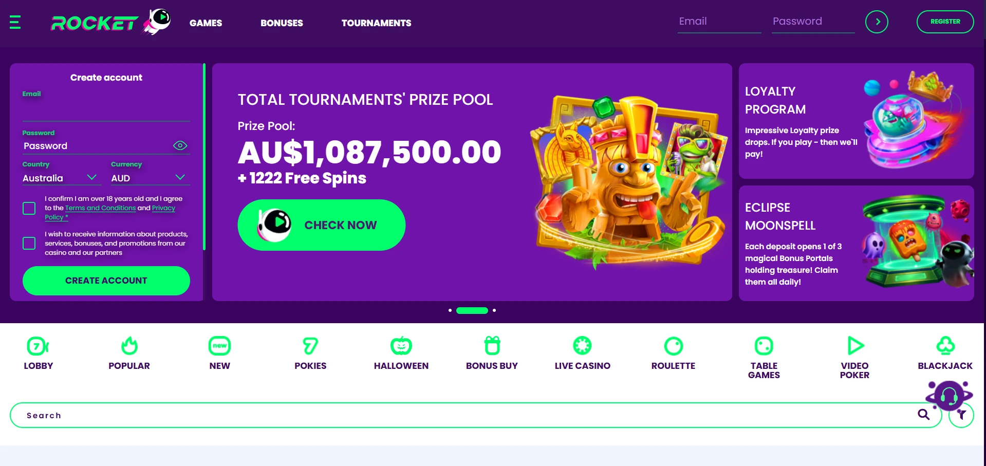 Rocket Casino home page on desktop