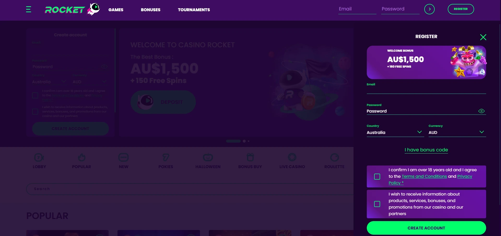 Rocket Casino sign-up form